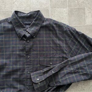 Lands End Plaid Navy Blue Button Down Dress Shirt Large Tall